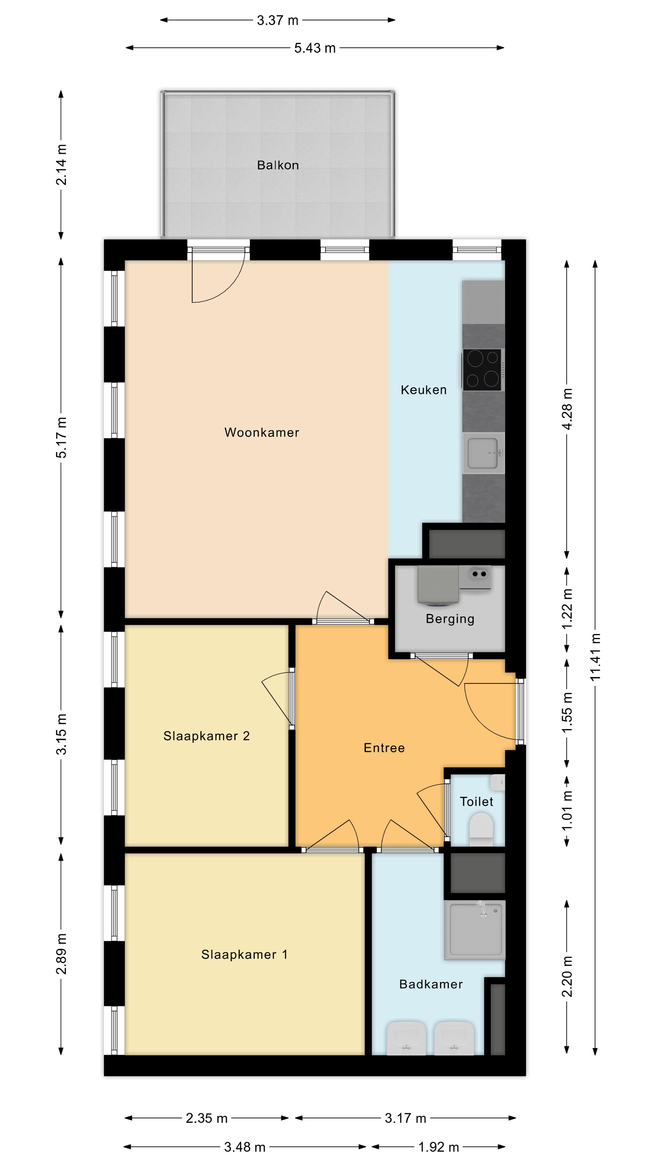 Plattegrond van een appartement met twee slaapkamers en balkon